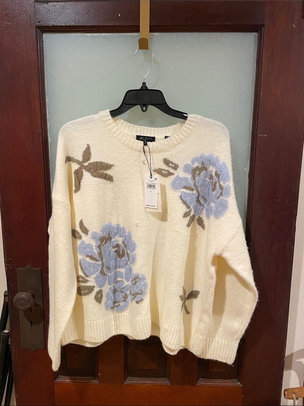 Ted Baker Cream Floral Knit Sweater with Blue Rose Motif